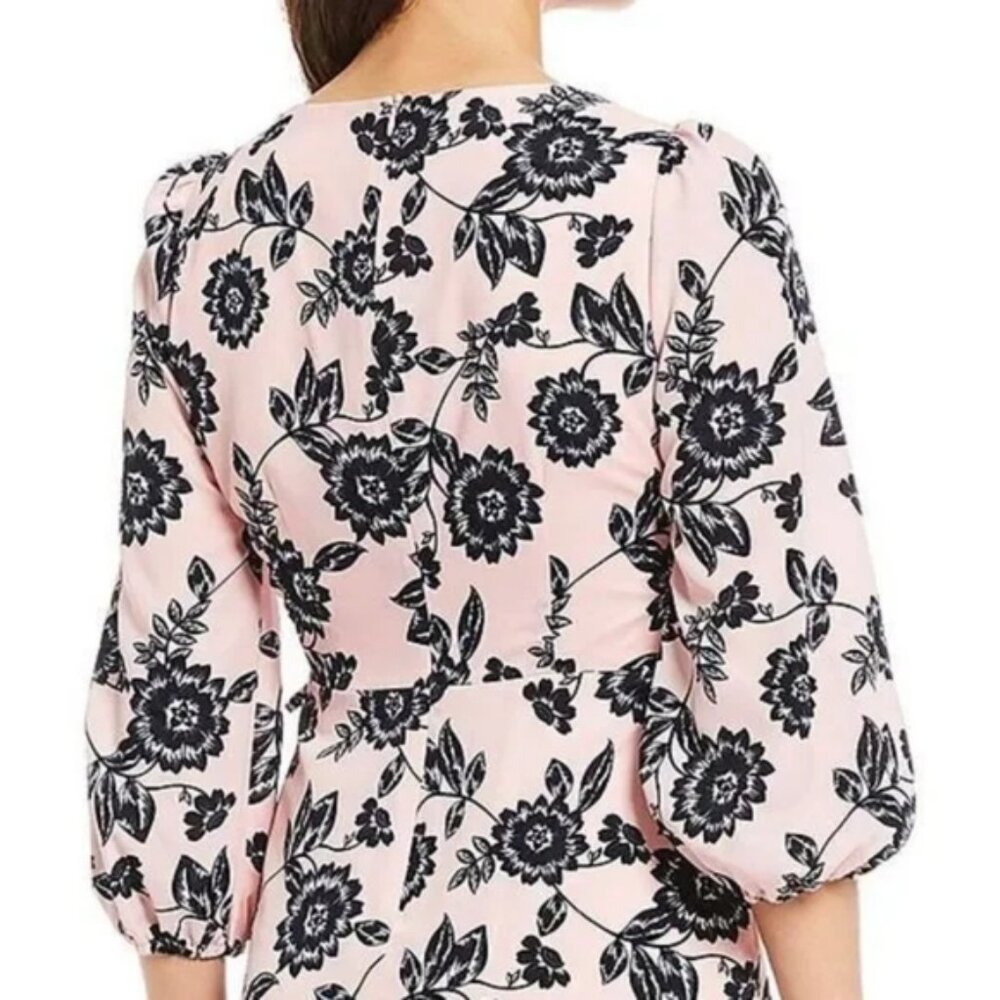 NWT Eliza J Womens Size 12 Pink Navy Floral Faux Wrap Long Sleeve Midi Dress NEW - Picture 4 of 8